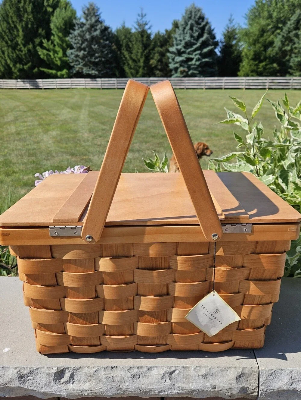 Pottery Barn New Woven Wooden Picnic Basket with Dual Top Handles - Natural Wood